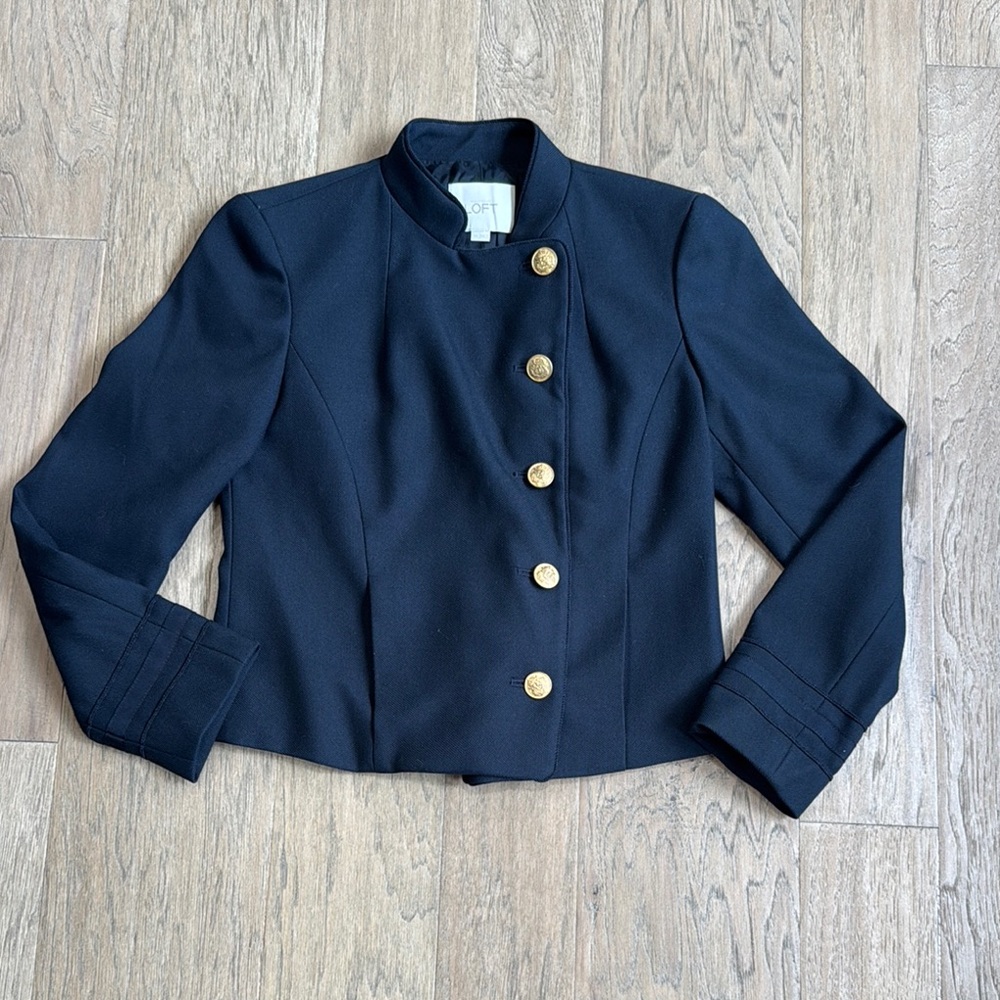 LOFT Navy Asymmetrical Military Structured Suit Jacket Size 00 - Picture 2 of 11